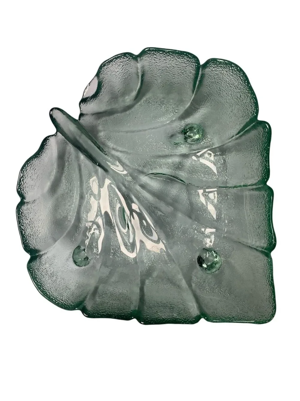 VTG MCM RETRO DEPRESSION GREEN LEAF FOOTED large GLASS BOWL DISH ART DECOR